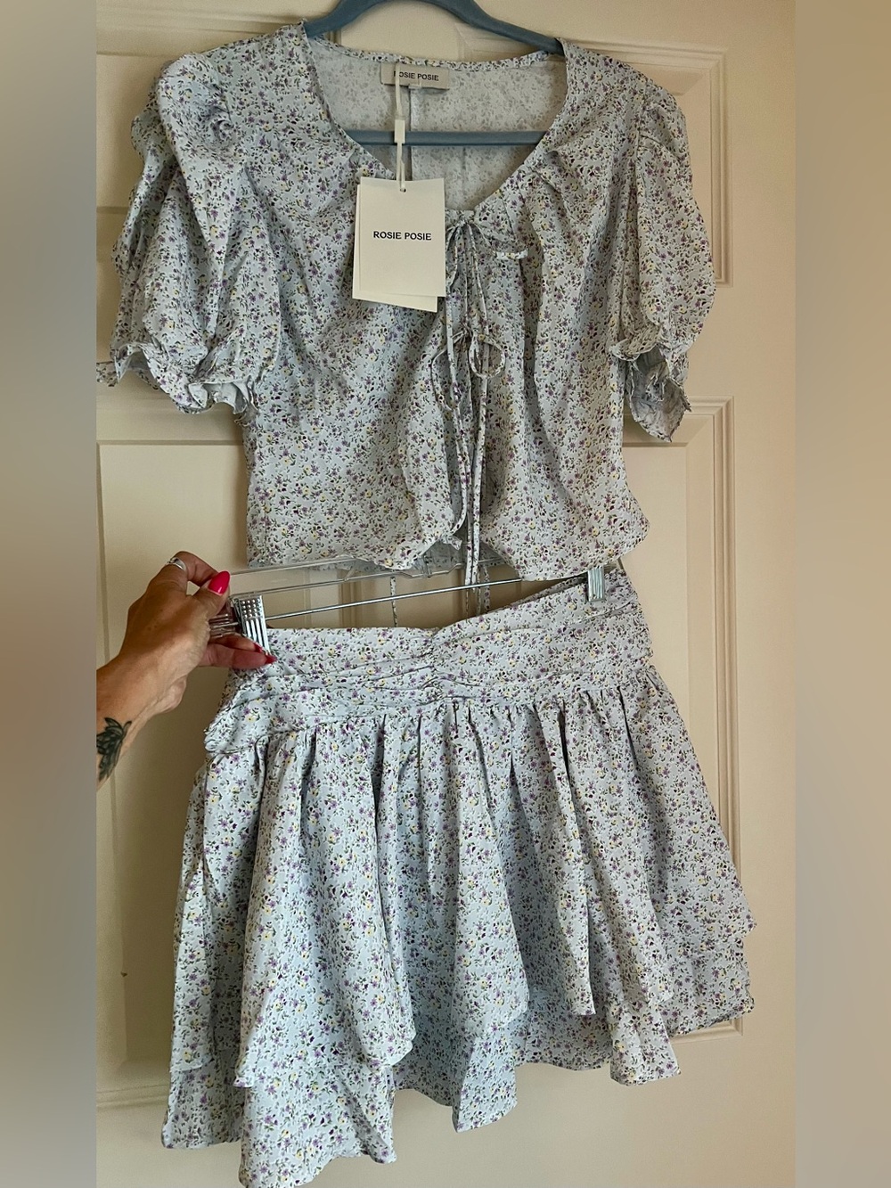 Rosie Posie -Light Blue, Lavender Floral Tiered Skirt Set - Women's